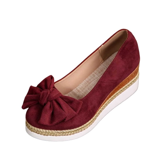 Gpaecead Women's Bow Platform Wedge Mary Jane Shoes Round Toe Espadrille Style Faux Suede Slip On Cushioned Shoes For Casual Burgundy