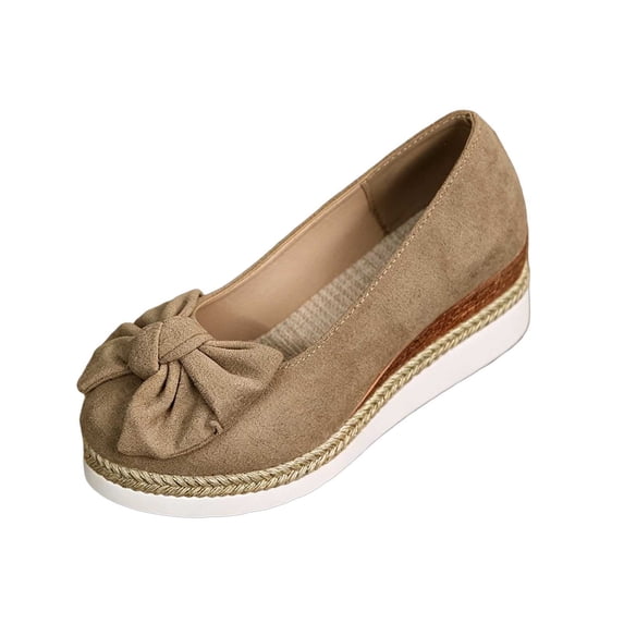 Gpaecead Women's Bow Platform Wedge Mary Jane Shoes Round Toe Espadrille Style Faux Suede Slip On Cushioned Shoes For Casual Khaki