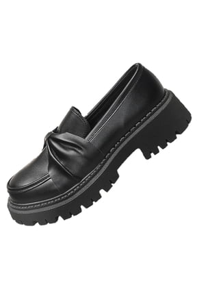 Women's British Style Bow Loafers Closed Toe Glossy Faux Leather Trendy Slip On Casual Shoes, A-Black