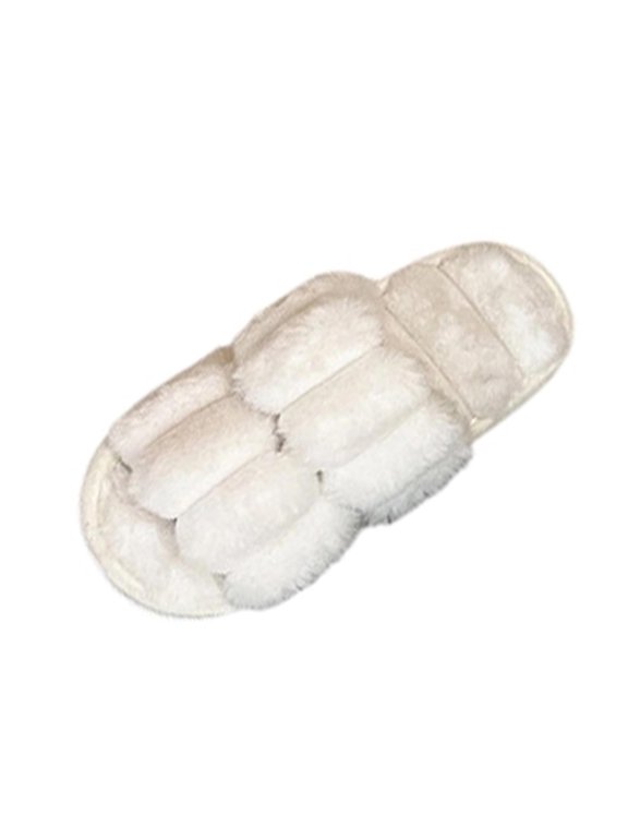 Women's Bubble Double Strap Faux Fur Slippers Plush Cushioned Open Toe Non Slip Slides for Home Dorm Spa Lounge White