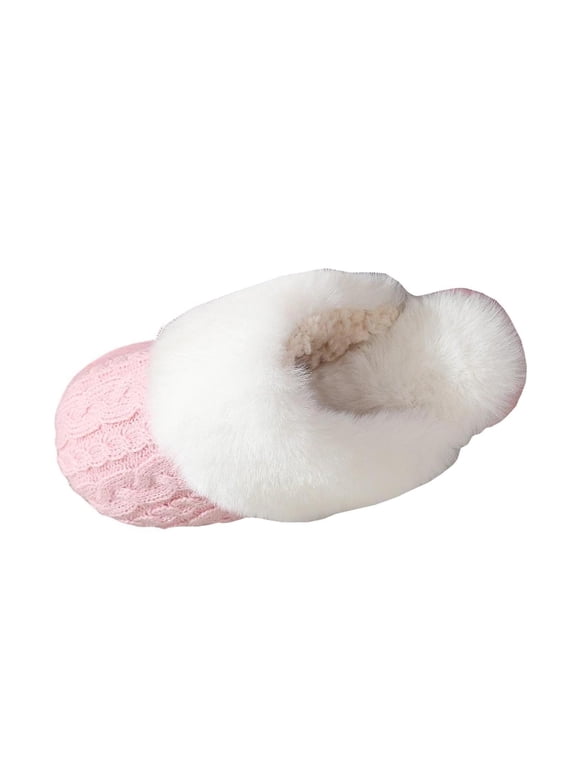 Women's Cable Knit Plush Slippers Closed Toe Cozy Faux Fur Lined Memory Foam House Shoes for Winter Cozy Home Pink