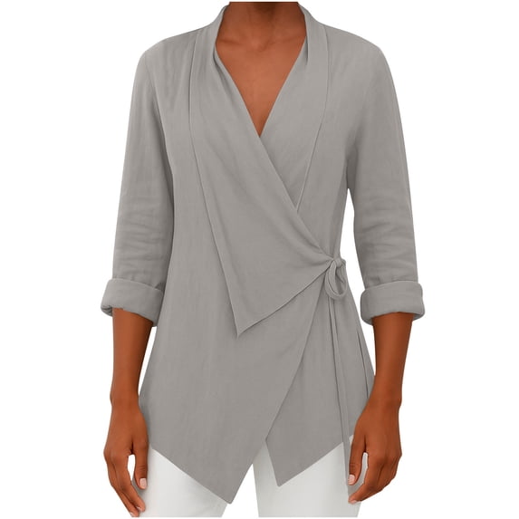Gpaecead Women's Casual Collared Shirt - Solid Color Loose Fit Long Sleeve Top Gray