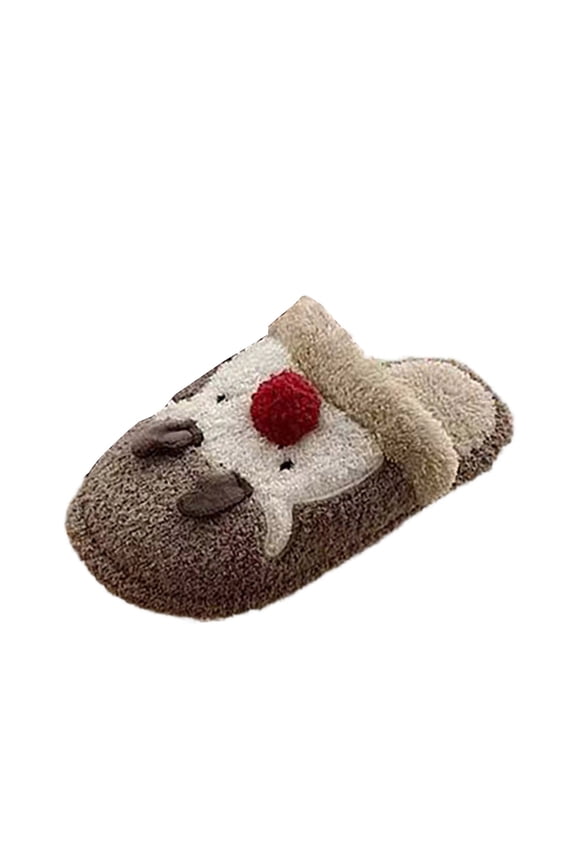 Women's Christmas Reindeer Plush Slippers Cute Furry Antler House Shoes With Non Slip Sole For Cozy Home Holiday Gift Gray