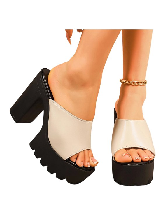 Women's Chunky High Heel Slides Open Toe Strappy Non Slip Comfortable Platform Casual Shoes Versatile Footwear For Summer, Beige