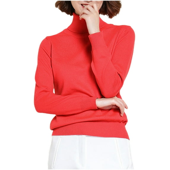 Gpaecead Women's Classic Thin Turtle Neck Top - Lightweight Long Sleeve Knit Shirt Watermelon Red