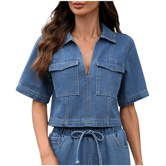 Gpaecead Women's Collared Denim Vest - Solid Color Sleeveless Jacket Style Top Blue