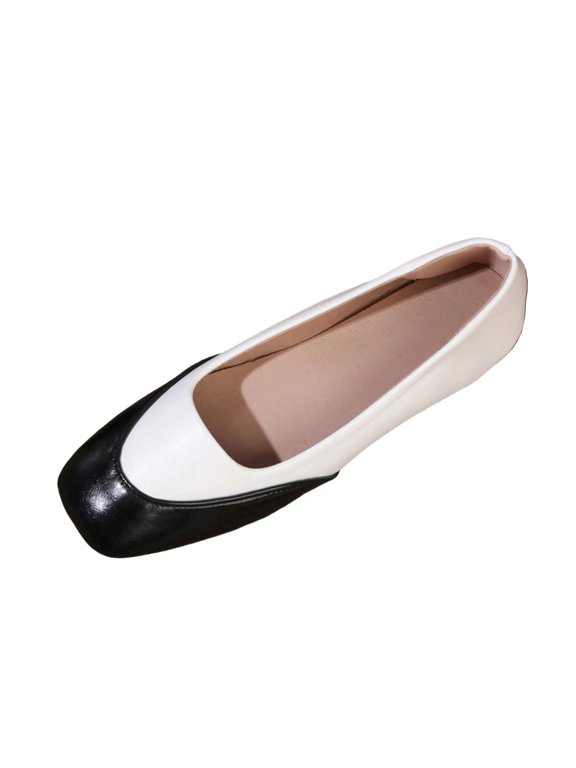 Women's Color Block Cap Toe Flats Square Toe French Slip On Shoes with Breathable Lining for Work Office Black
