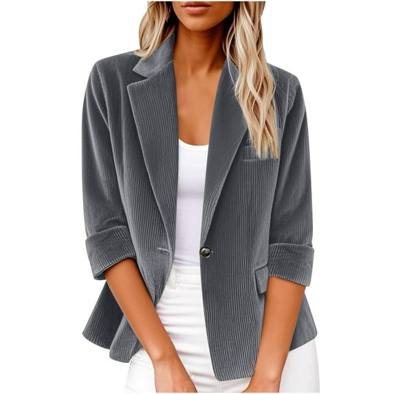 Gpaecead Women's Corduroy Blazer, 3/4 Sleeve Solid Color Button-Down Jacket Dark Gray