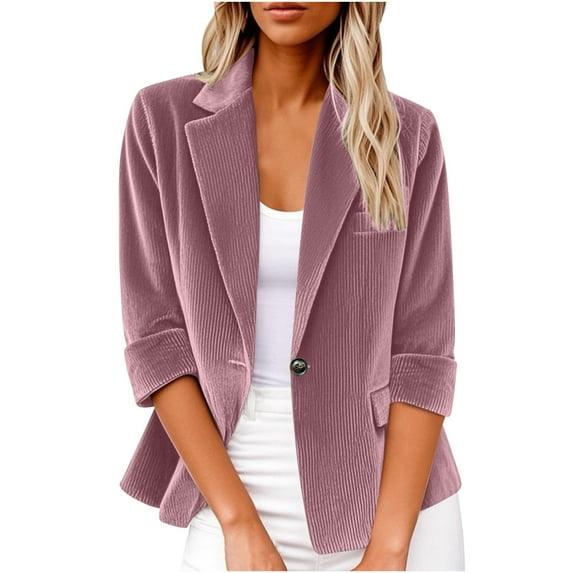 Gpaecead Women's Corduroy Blazer, 3/4 Sleeve Solid Color Button-Down Jacket Pink