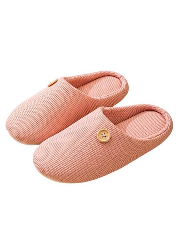 Women's Cotton Waffle Weave Slippers Closed Toe Breathable Slip On House Shoes with Non Slip Sole for Home Lounge Pink