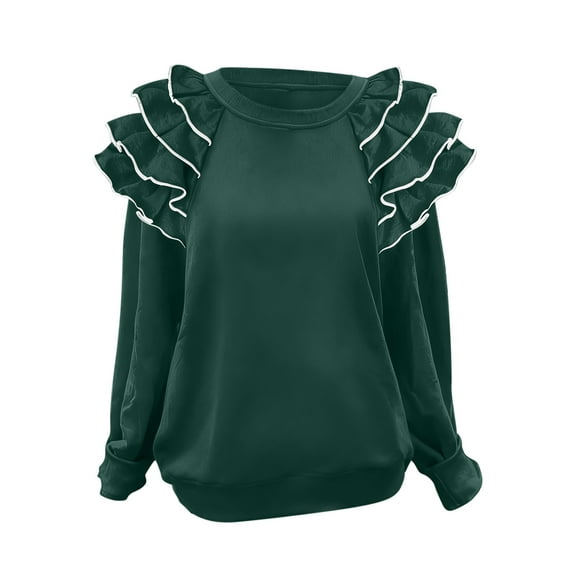 Gpaecead Women's Crewneck Sweatshirt With Ruffled Sleeves - Solid Color Casual Long Sleeve Top Green