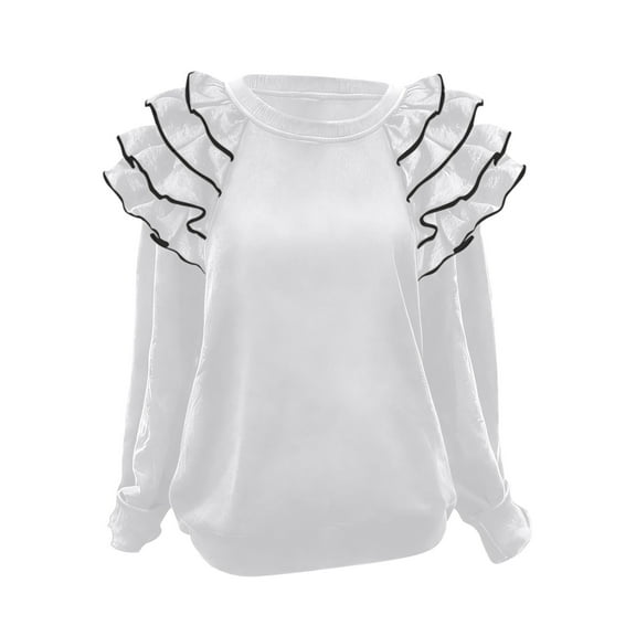 Gpaecead Women's Crewneck Sweatshirt With Ruffled Sleeves - Solid Color Casual Long Sleeve Top White