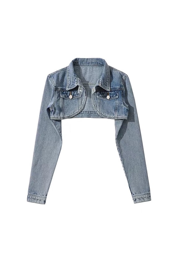 Women's Cropped Denim Jacket - Distressed Light Wash Short Casual Top Blue