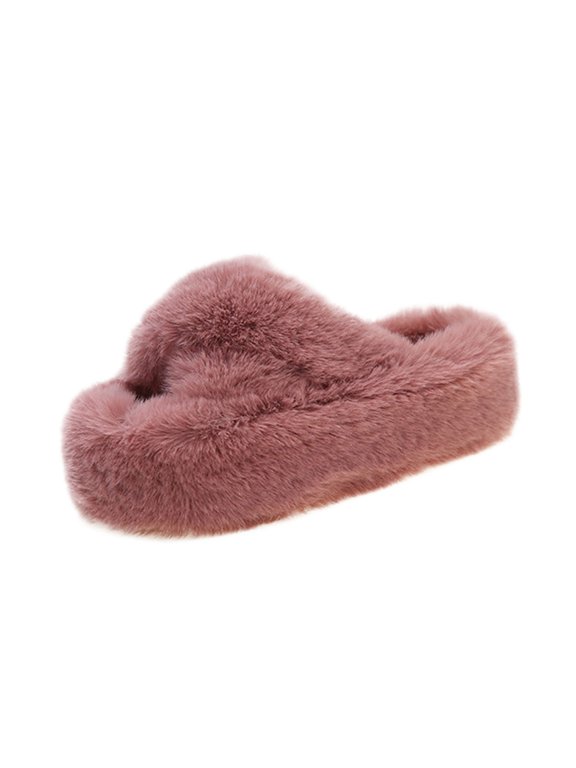 Women's Cross Band Platform Plush Slippers Faux Fur Open Toe House Shoes with Non Slip Sole for Cozy Home Pink
