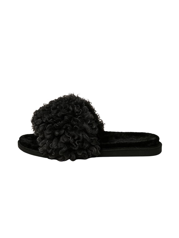 Women's Curly Faux Shearling Slippers Open Toe Plush Cozy Slide House Shoes with Non Slip Black Sole for Indoor Comfort Black