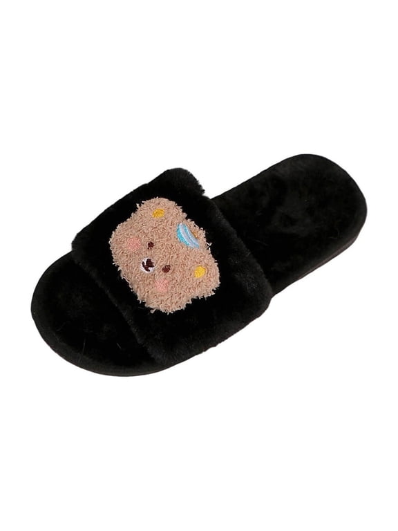 Women's Cute Bear Plush Open Toe Slippers Faux Fur House Shoes with Non Slip Sole for Cozy Home Dorm Lounge Gift B-Black