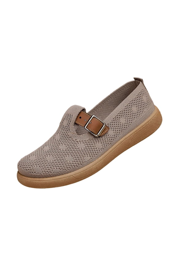 Women's Decorative Buckle Knit Loafers Breathable Slip On Cushioned Arch Support Flats With For Work, Standing And Daily Walk Brown