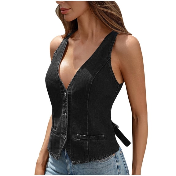 Gpaecead Women's Denim Button Vest - Casual Sleeveless Jacket Black