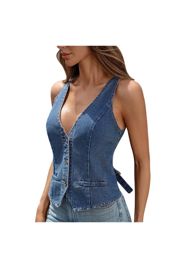 Women's Denim Button Vest - Casual Sleeveless Jacket Blue