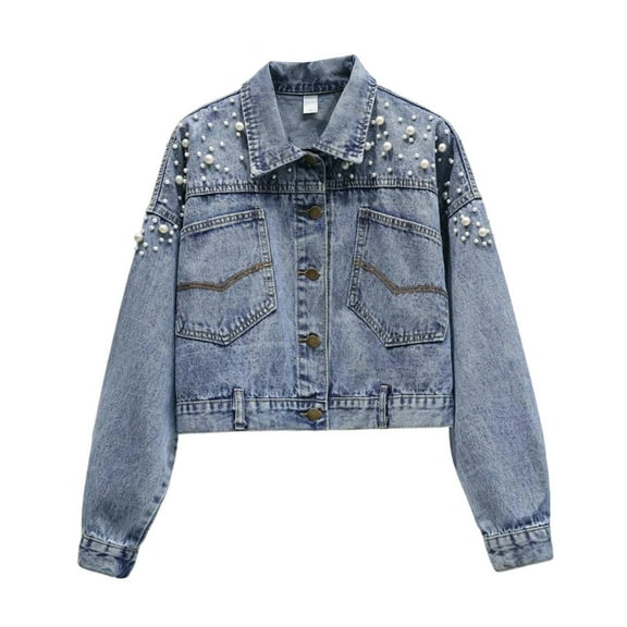 Gpaecead Women's Embellished Denim Jacket - Studded And Rhinestone Detailed Long Sleeve Casual Jacket Blue