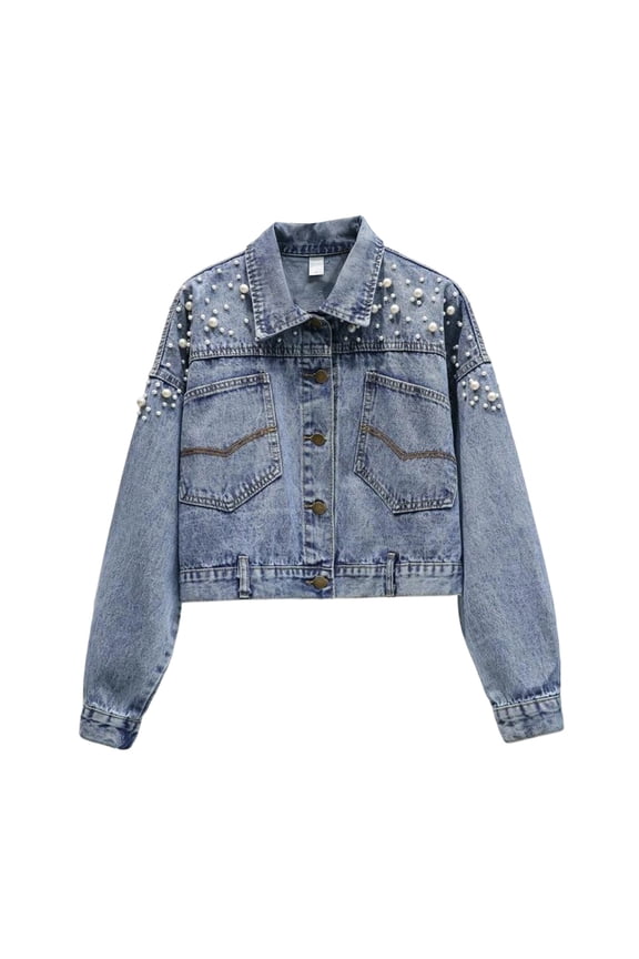 Women's Embellished Denim Jacket - Studded And Rhinestone Detailed Long Sleeve Casual Jacket Blue