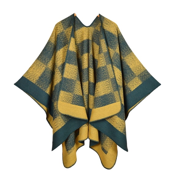 Gpaecead Women's Fall Classic Plaid Shawl - Jacquard Pattern Open Front Warm Cape Wrap Green