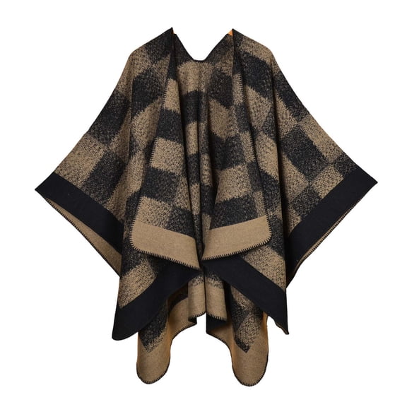 Gpaecead Women's Fall Classic Plaid Shawl - Jacquard Pattern Open Front Warm Cape Wrap Khaki