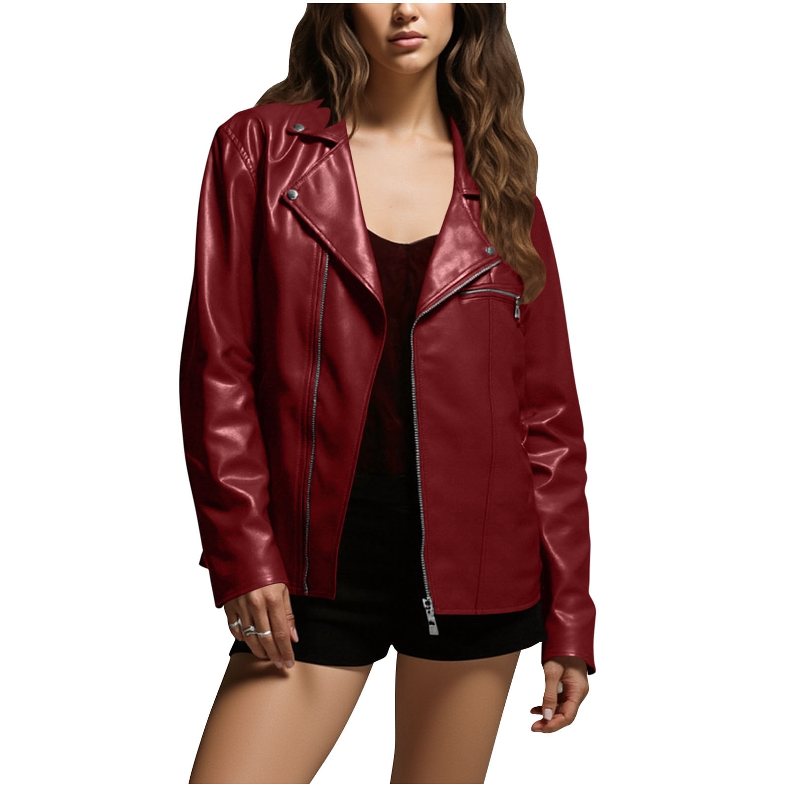 Gpaecead Women's Faux Leather Jacket Slim Fit Biker Moto Style — free download