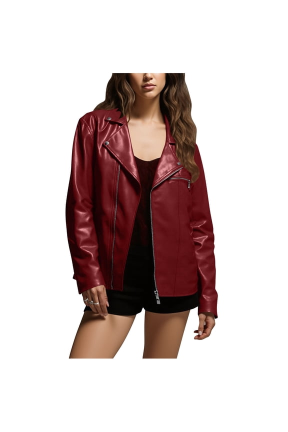 Women's Faux Leather Jacket - Slim Fit Biker Moto Style Zippered Outerwear Burgundy