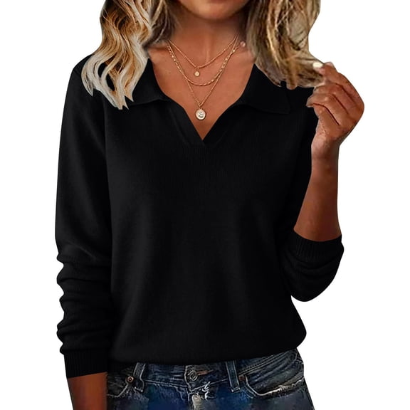 Gpaecead Women's Fitted V-Neck Knit Sweater - Solid Color Long Sleeve Pullover Top Black