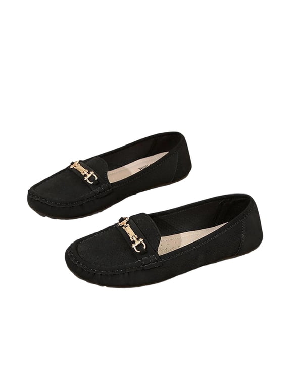 Women's Flat Horsebit Loafers Round Closed Toe Faux Leather Perforated Lightweight Comfort Casual Work Office Shoes, Black
