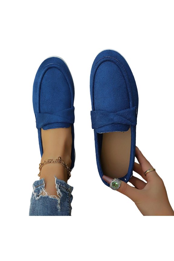 Women's Flat Loafers Crossover Design Cushioned Insole Faux Suede Slip On Shoes For Commute And Casual, Blue