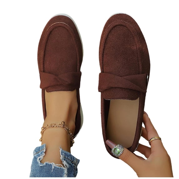 Gpaecead Women's Flat Loafers Crossover Design Cushioned Insole Faux Suede Slip On Shoes For Commute And Casual, Coffee