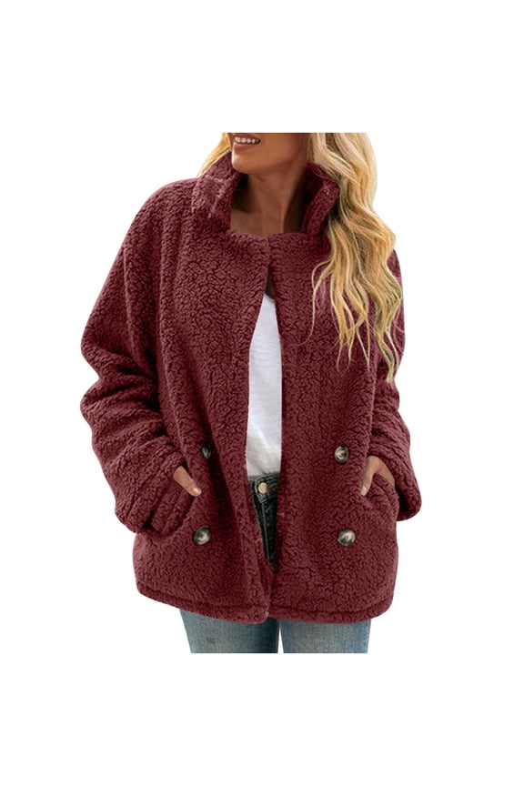 Women's Fleece Teddy Coat, Long Sleeve Stand Collar Button Down Jacket With Pockets Burgundy