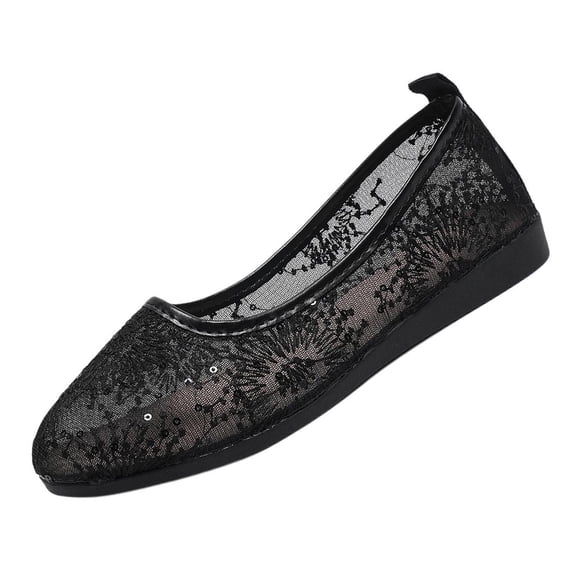 Gpaecead Women's Floral Embroidery Lace Mesh Ballet Flats Breathable Slip On Lightweight Comfort Shoes With Non Slip Sole For Casual Black