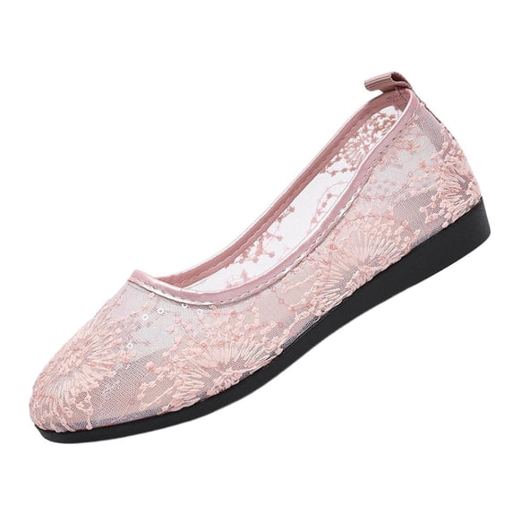 Gpaecead Women's Floral Embroidery Lace Mesh Ballet Flats Breathable Slip On Lightweight Comfort Shoes With Non Slip Sole For Casual Pink