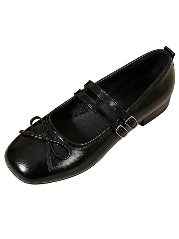 Women's French Bow Double Strap Mary Jane Flats Square Toe Patent Leather Vintage Slip On Shoes for Commute Dates Black