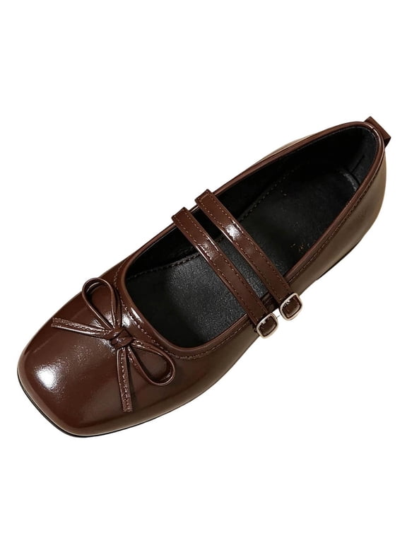 Women's French Bow Double Strap Mary Jane Flats Square Toe Patent Leather Vintage Slip On Shoes for Commute Dates Brown
