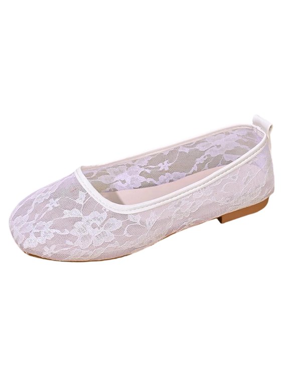Women's French Lace Flats Square Toe Breathable Slip On Ballet Shoes with Pull Tab for Office Wedding Casual White