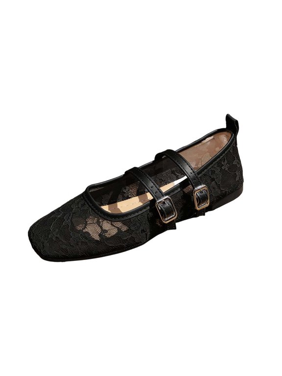 Women's French Lace Mary Jane Flats Square Toe Double Strap Breathable Vintage Ballet Shoes for Commute Black