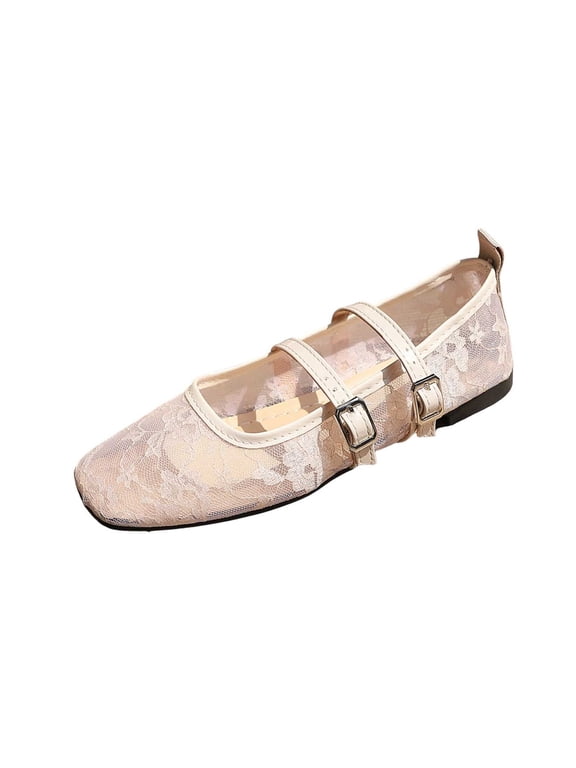Women's French Lace Mary Jane Flats Square Toe Double Strap Breathable Vintage Ballet Shoes for Commute White