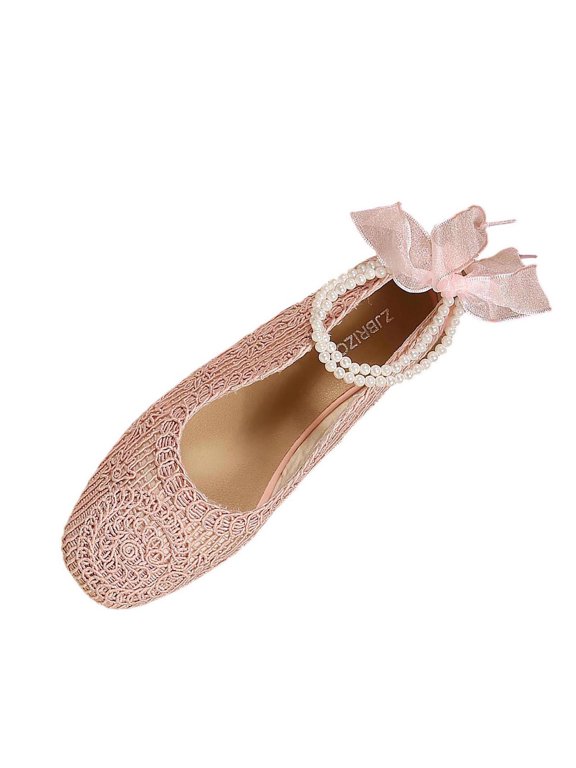 Women's French Lace Pearl Flats Breathable Hollow Out Ballet Shoes with Organza Bow for Wedding Pink