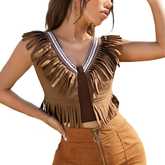Gpaecead Women's Fringe Vest Crop Tops Faux Suede solid color Sleeveless Tassel Coat Buckle short Vest Brown