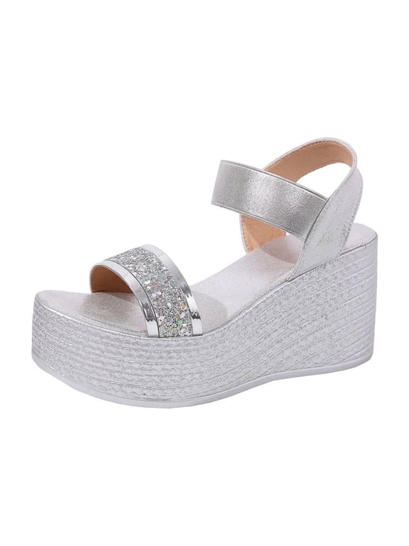 Women's Glitter Platform Wedge Sandals Open Toe Faux Leather Breathable Comfort Summer Shiny Shoes, Silver