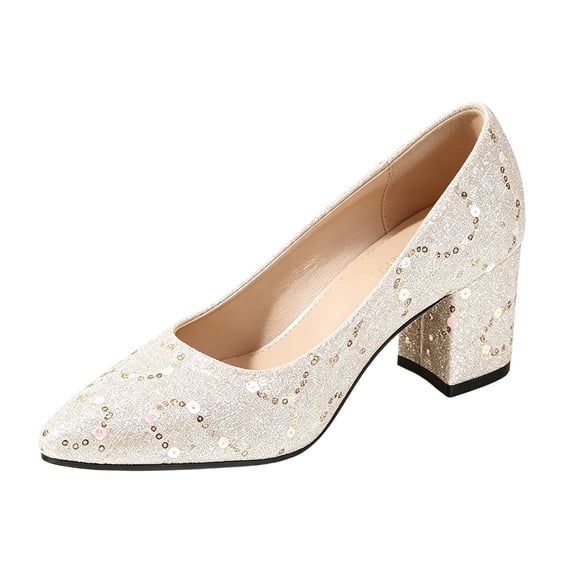 Block Hel Gpaecead Women's Glitter Sequin Block Heel Dress Shoes Pointed Toe Slip ...