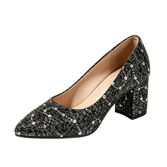 Block Hel Gpaecead Women's Glitter Sequin Block Heel Dress Shoes Pointed Toe Slip ...