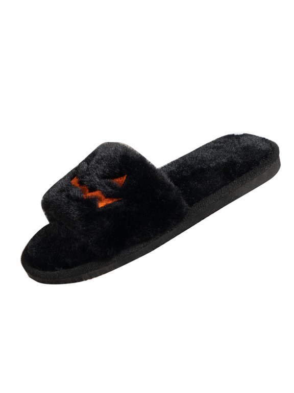 Women's Halloween Grinning Face Plush Slippers Open Toe Faux Fur House Shoes with Non Slip Sole for Cozy Nights Party Quirky Gift Black