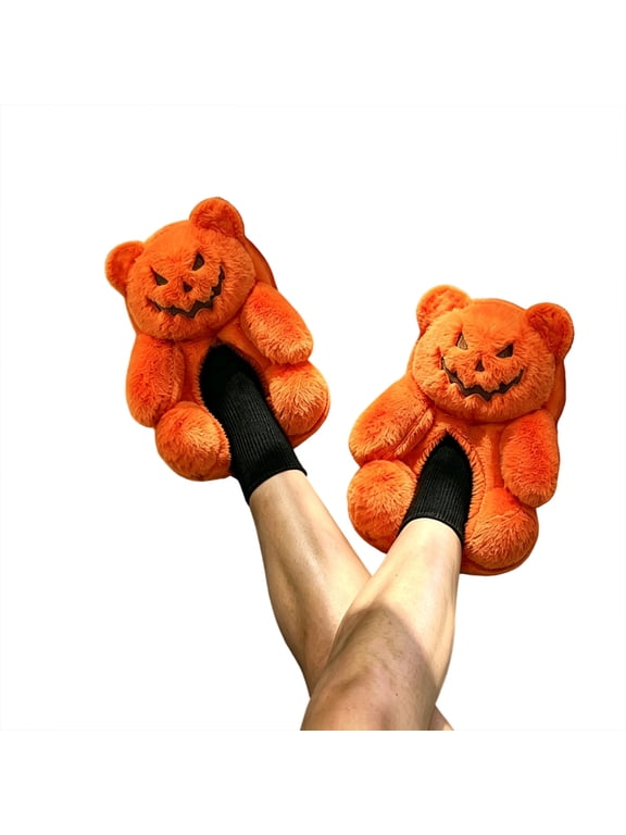 Women's Halloween Pumpkin Teddy Bear Plush Slippers Closed Toe Soft Faux Fur House Shoes With Non Slip Sole, Orange