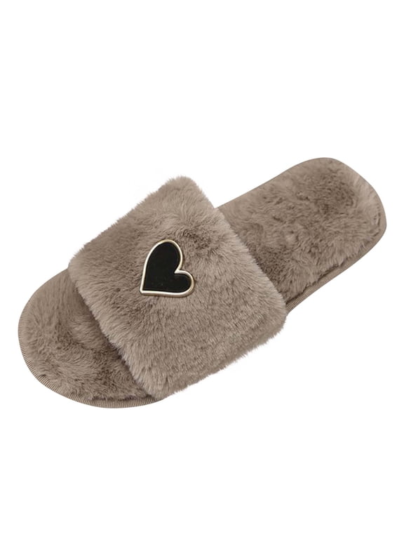 Women's Heart Plush Slippers Open Toe Soft Faux Fur House Shoes with Non Slip Sole for Home Spa Gift B-Khaki