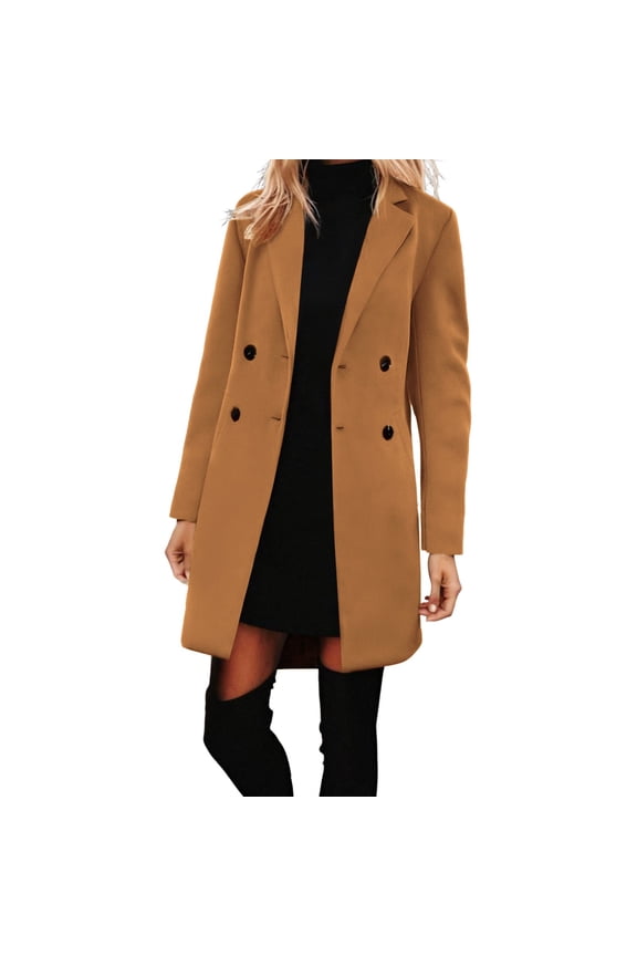 Women's Heavy Wool Blend Pea Coat Stand Collar Overcoat - Solid Color Vintage Warm Winter Jacket Khaki